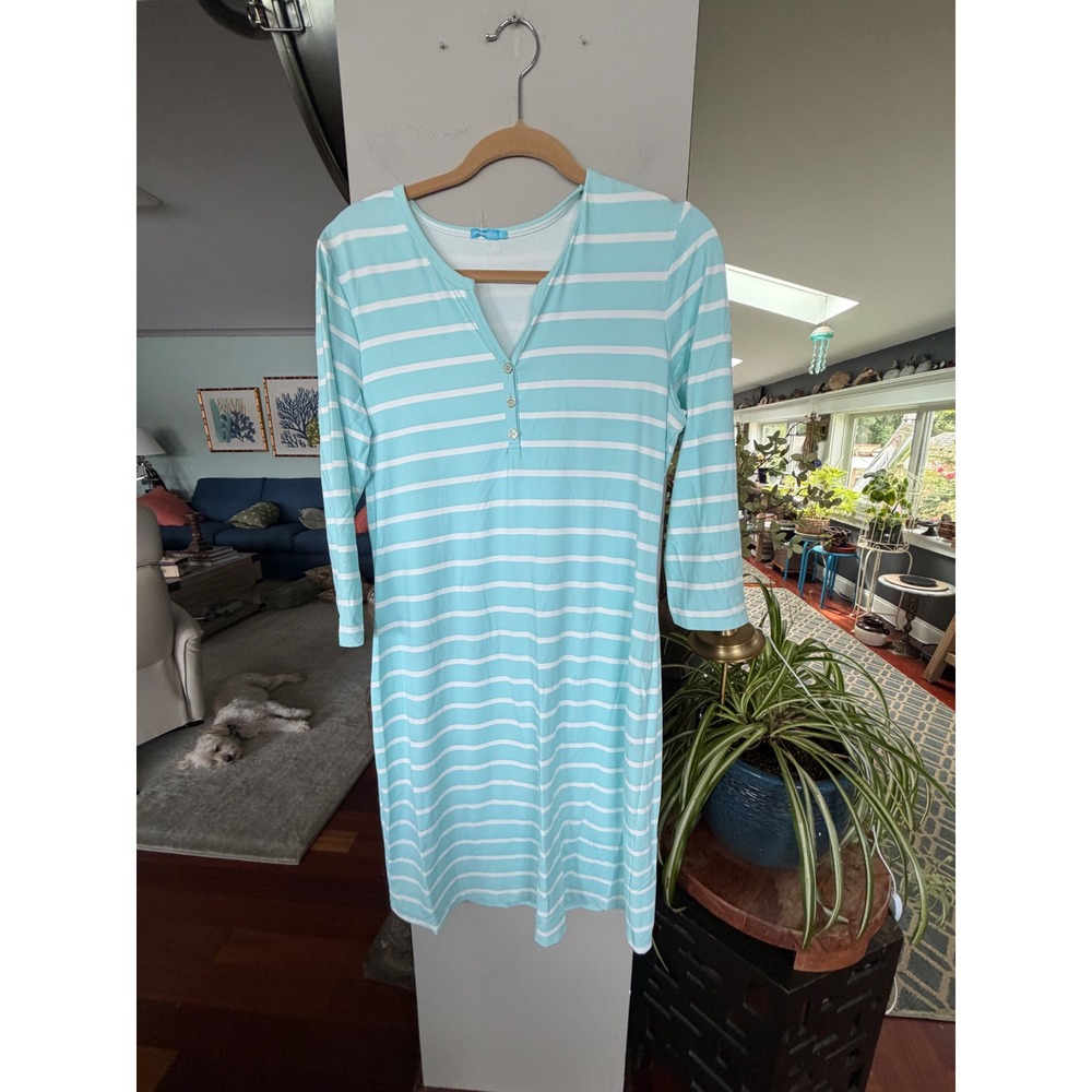J. McLaughlin Henley Dress Womens L Blue White Striped Excellent Coastal Preppy